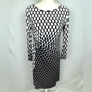 Talbots Faux Wrap Sheath Dress Belted Long Sleeves Stretch Black White Size 4